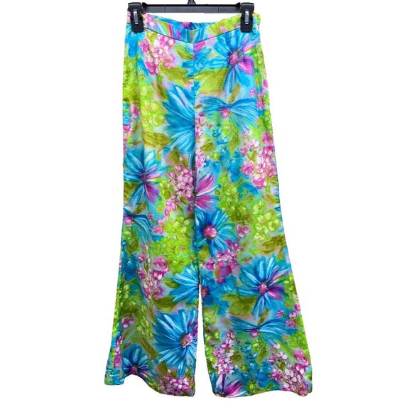VINTAGE 70s Bright Floral Handmade Baby  Doll Tunic Pant Set Womens Bell Bottom - Picture 10 of 16